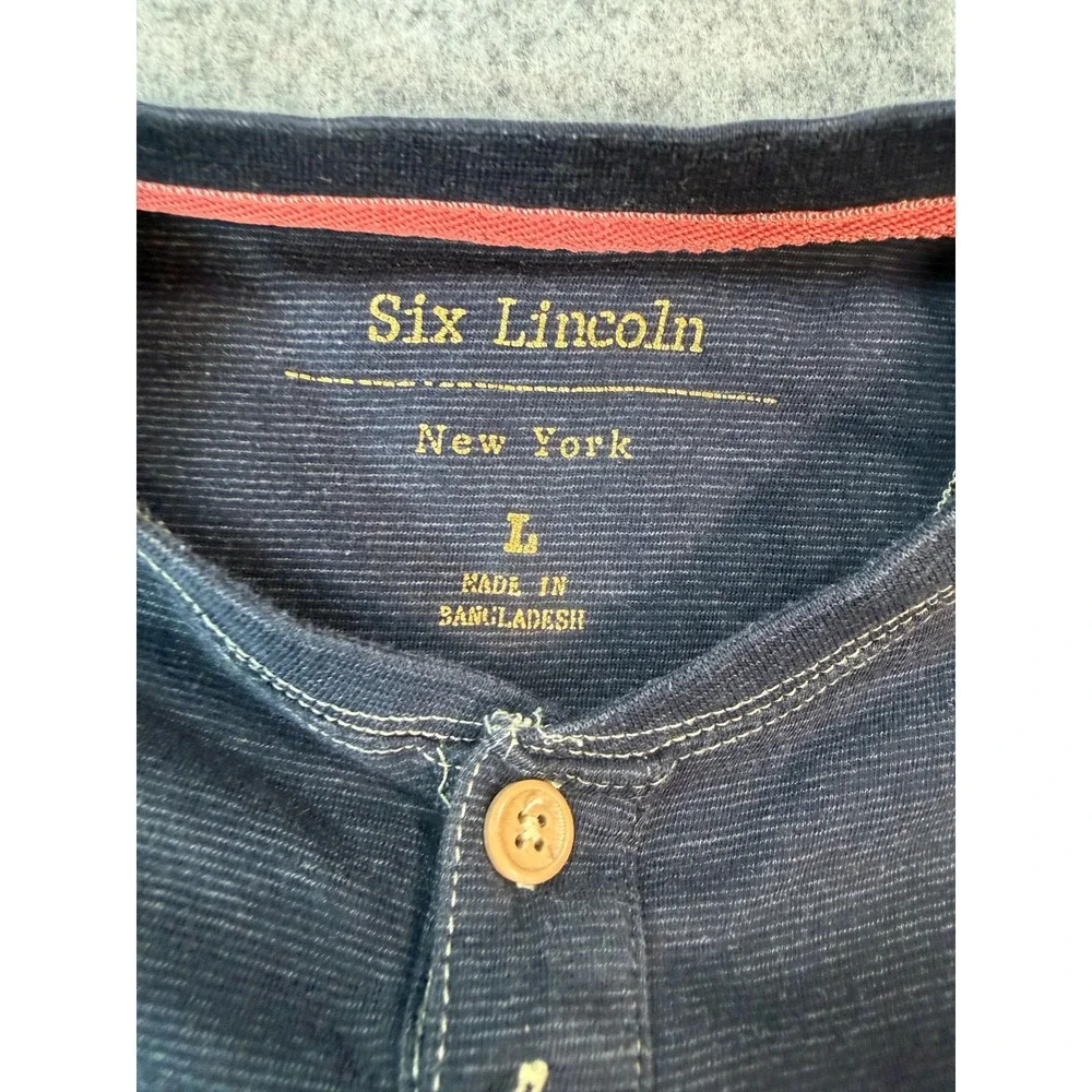 Six Lincoln New York Mens Large Henley Shirt Navy Blue Striped Short Sleeve L